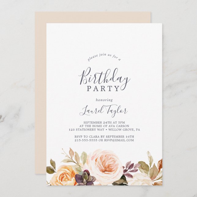 Invitación Fiesta de cumpleaños de Rustic Earth Florals (Anverso / Reverso)