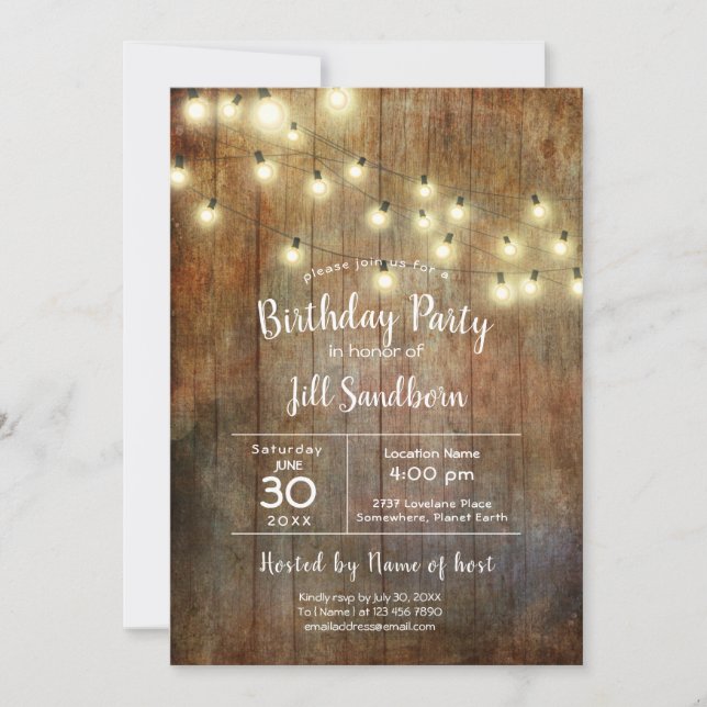 Invitación Fiesta de cumpleaños de Rustic Wood & String Light (Anverso)