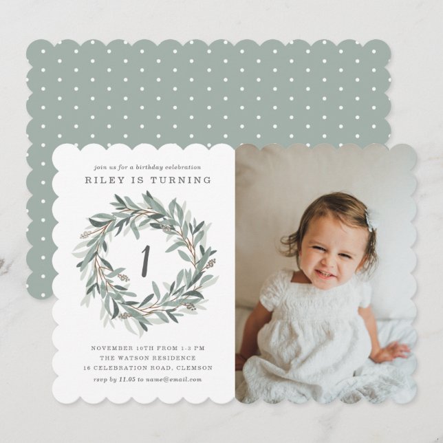 Invitación Fiesta de cumpleaños de Rustic Wreath (Anverso / Reverso)