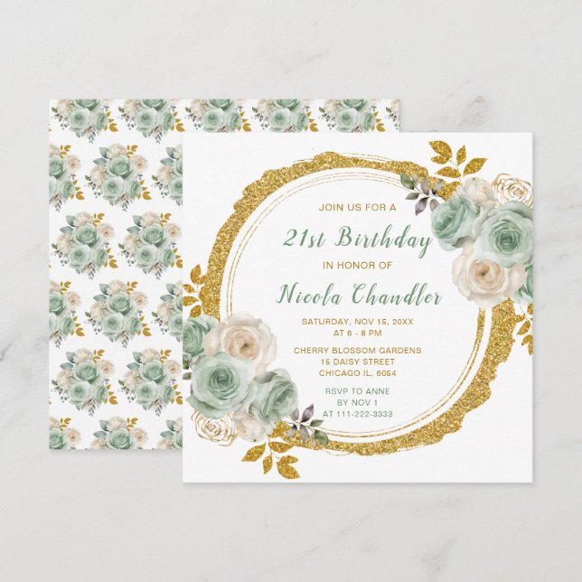 Invitación Fiesta de cumpleaños de Sage Green y Gold Elegant  (Anverso / Reverso)