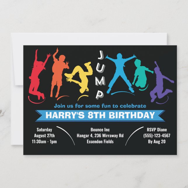 Invitación Fiesta de Cumpleaños de Saltos en Trampolín Arcoír (Anverso)