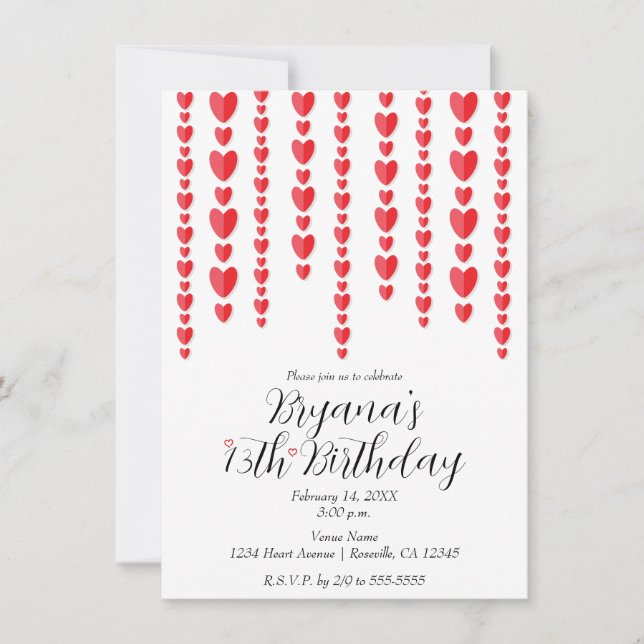 Invitación Fiesta de Cumpleaños de San Valentín de Corazones  (Anverso)