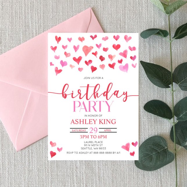 Invitación Fiesta de cumpleaños de San Valentín de corazones  (Subido por el creador)