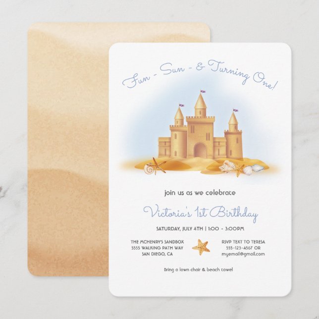 Invitación Fiesta de cumpleaños de Sand Castle Beach (Anverso / Reverso)