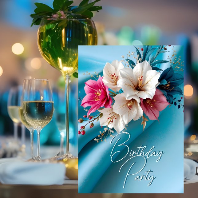 Invitación Fiesta de Cumpleaños de Seda Rosa y Azul Flores Bl (Subido por el creador)
