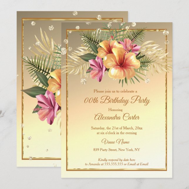 Invitación Fiesta de cumpleaños de Sepia Hibiscus amarillo do (Anverso / Reverso)
