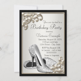 Invitación Fiesta de cumpleaños de Silver Ivory Black