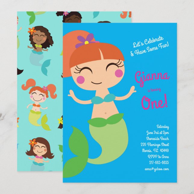 Invitación Fiesta de cumpleaños de Sirena (Anverso / Reverso)