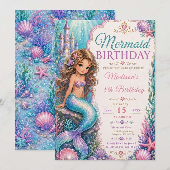 Invitación Fiesta de cumpleaños de sirena (Anverso / Reverso)