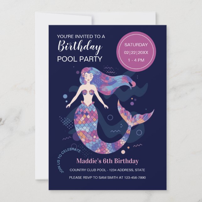 Invitación Fiesta de cumpleaños de Sirena (Anverso)