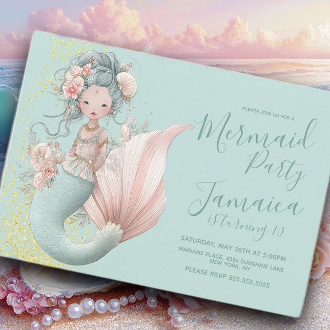 Invitación Fiesta de cumpleaños de sirena asiática en la play (Subido por el creador)