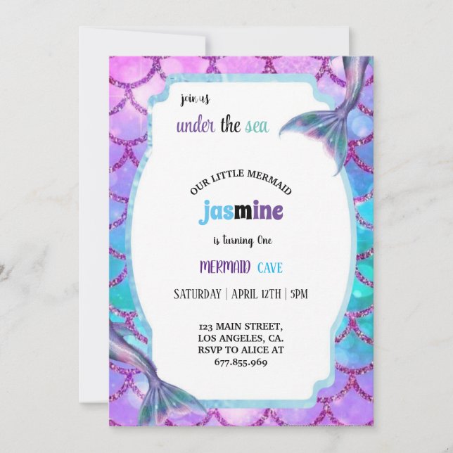 Invitación fiesta de cumpleaños de sirena azul y púrpura past (Anverso)