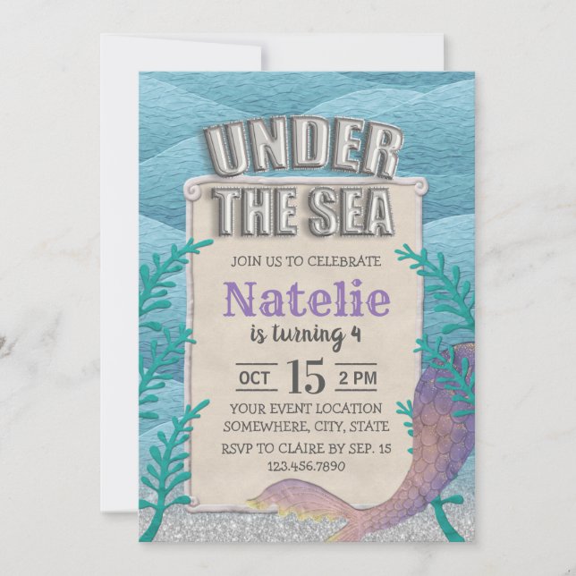 Invitación Fiesta de cumpleaños de Sirena bajo el Chica del m (Anverso)