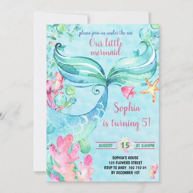 Invitación Fiesta de cumpleaños de sirena bajo el Chica del m (Anverso)