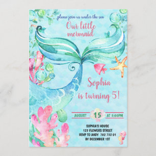 Invitación Fiesta de cumpleaños de sirena bajo el Chica del m