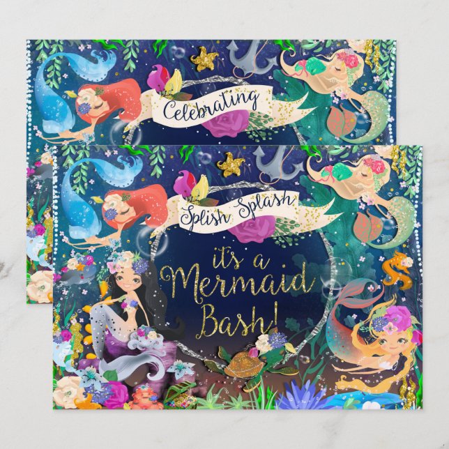Invitación Fiesta de cumpleaños de Sirena bajo el mar (Anverso / Reverso)