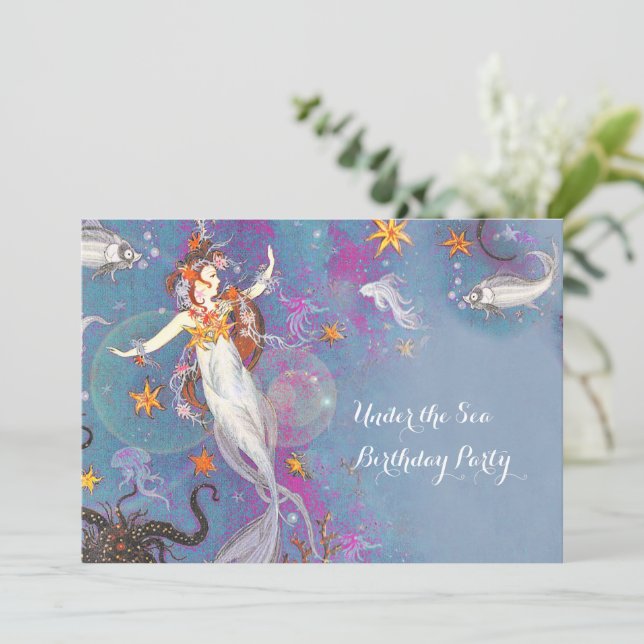 Invitación Fiesta de Cumpleaños de Sirena Bajo el Mar (Anverso de pie)