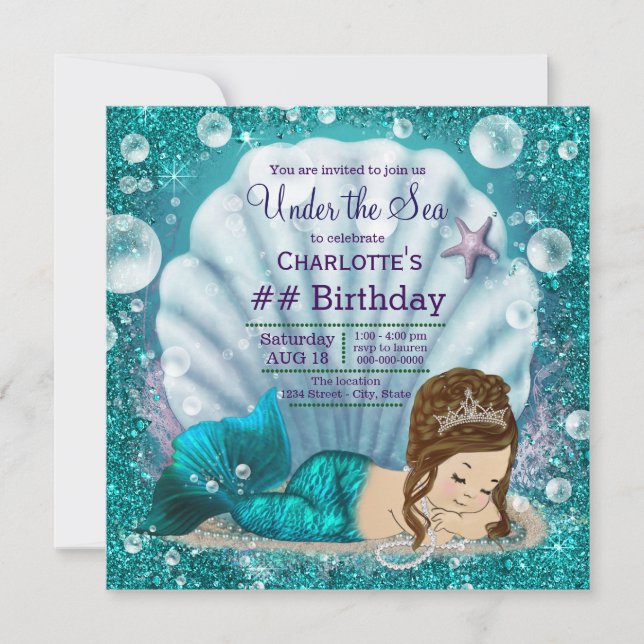Invitación Fiesta de Cumpleaños de Sirena Bajo el Mar (Anverso)