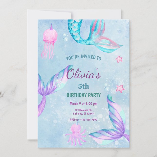 Invitación Fiesta de Cumpleaños de Sirena Bajo el Mar (Anverso)