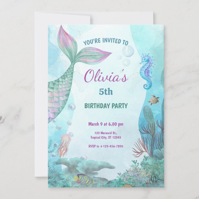 Invitación Fiesta de Cumpleaños de Sirena Bajo el Mar (Anverso)
