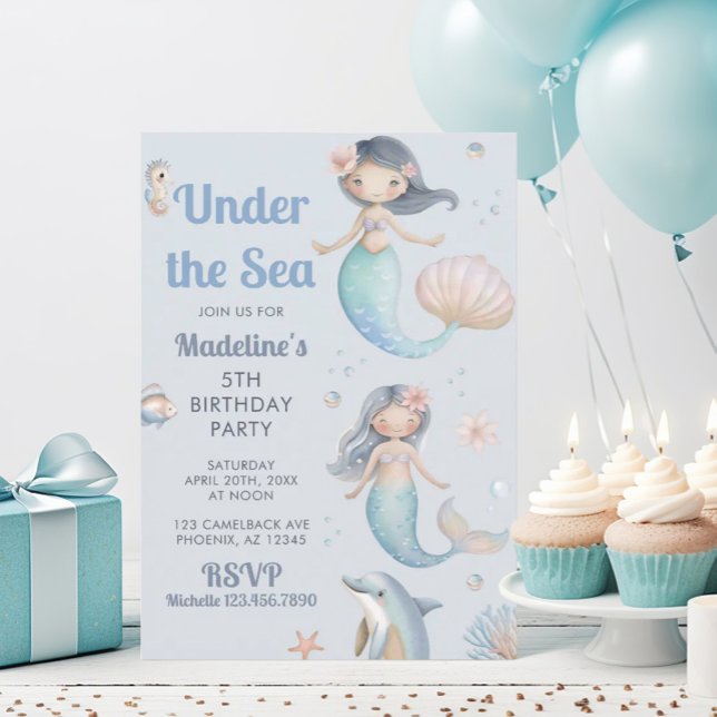 Invitación Fiesta de Cumpleaños de Sirena Bajo el Mar Azul (Subido por el creador)