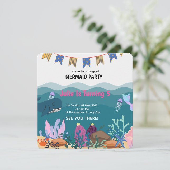 Invitación Fiesta de Cumpleaños de Sirena Bajo El Mar Cumplea (Anverso de pie)