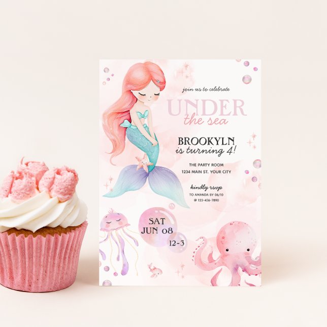 Invitación Fiesta de cumpleaños de Sirena Bajo el Mar Girls (Under The Sea Mermaid Girls Birthday Party Invite)