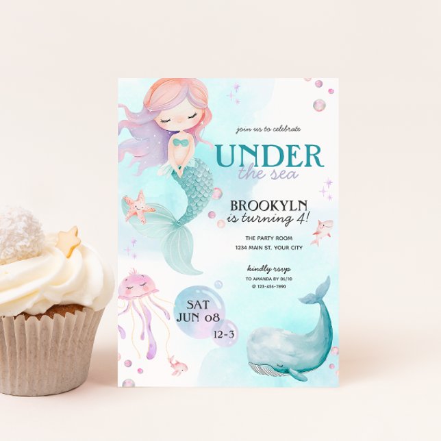 Invitación Fiesta de cumpleaños de Sirena Bajo el Mar Girls (Girls Mermaid Under the Sea Birthday Invite)
