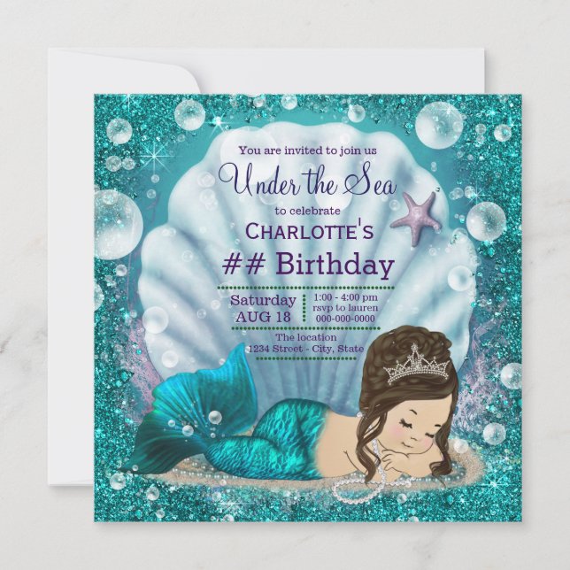 Invitación Fiesta de cumpleaños de Sirena bajo el mar para ni (Anverso)