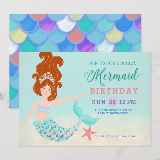 Invitación Fiesta de cumpleaños de sirena blanca de cabeza ro (Anverso / Reverso)