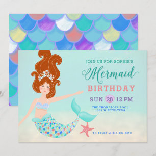 Invitación Fiesta de cumpleaños de sirena blanca de cabeza ro