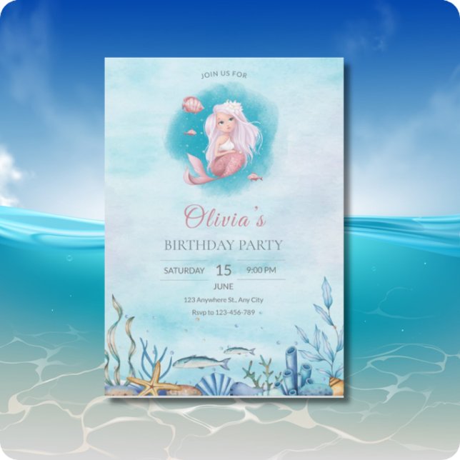 Invitación Fiesta de Cumpleaños de Sirena con Acuarela (Subido por el creador)