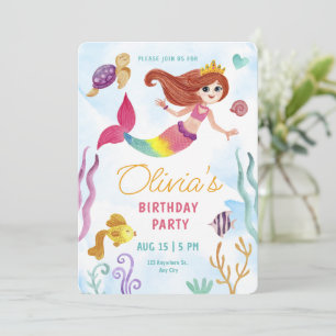 Invitación Fiesta de Cumpleaños de Sirena con Acuarela Bajo e