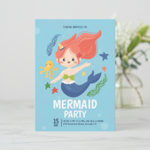 Invitación Fiesta de Cumpleaños de Sirena con Acuarela Bajo e