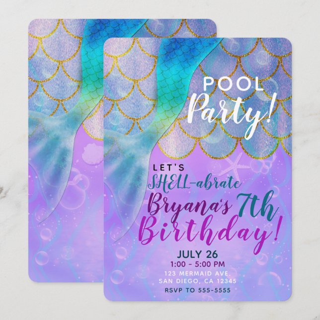 Invitación Fiesta de Cumpleaños de Sirena con Brillo de Perla (Anverso / Reverso)