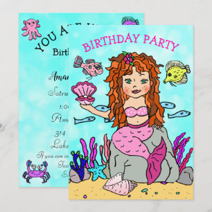 Invitación Fiesta de Cumpleaños de Sirena con Concha Bajo el