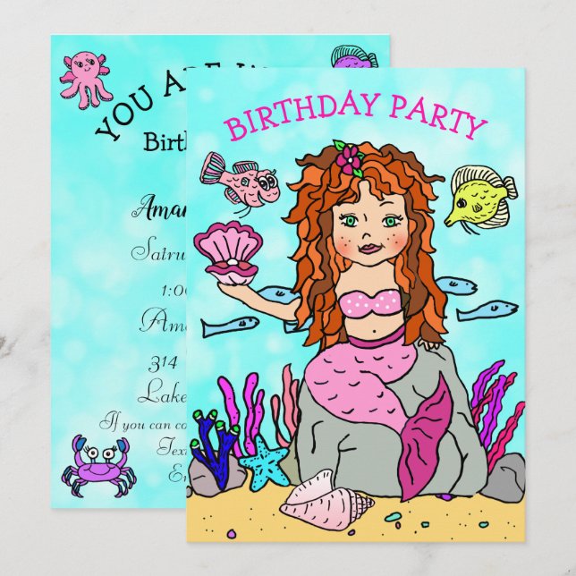 Invitación Fiesta de Cumpleaños de Sirena con Concha Bajo el  (Anverso / Reverso)