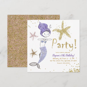 Invitación Fiesta de cumpleaños de sirena con purpurina dorad