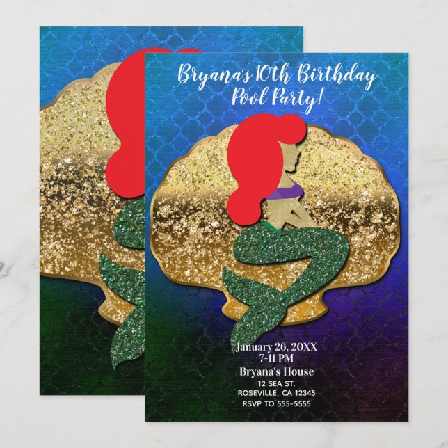 Invitación Fiesta de Cumpleaños de Sirena de Cabello Rojo Con (Anverso / Reverso)