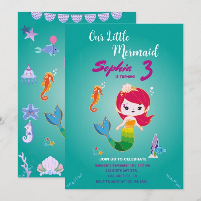Invitación Fiesta de cumpleaños de sirena de cabeza roja (Anverso / Reverso)
