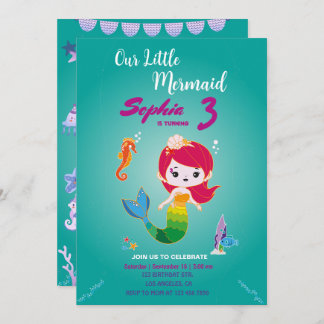 Invitación Fiesta de cumpleaños de sirena de cabeza roja
