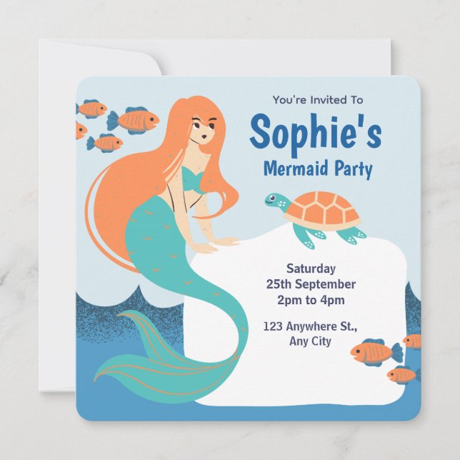 Invitación Fiesta de cumpleaños de sirena de niñas azul naran (Anverso)
