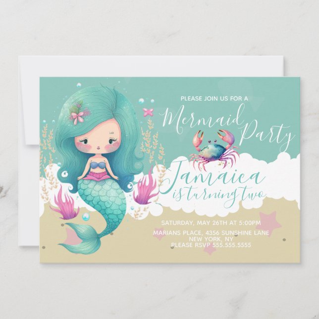 Invitación Fiesta de Cumpleaños de Sirena en la Playa del Oca (Anverso)