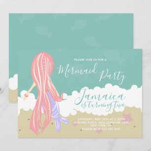 Invitación Fiesta de cumpleaños de sirena en la playa del océ