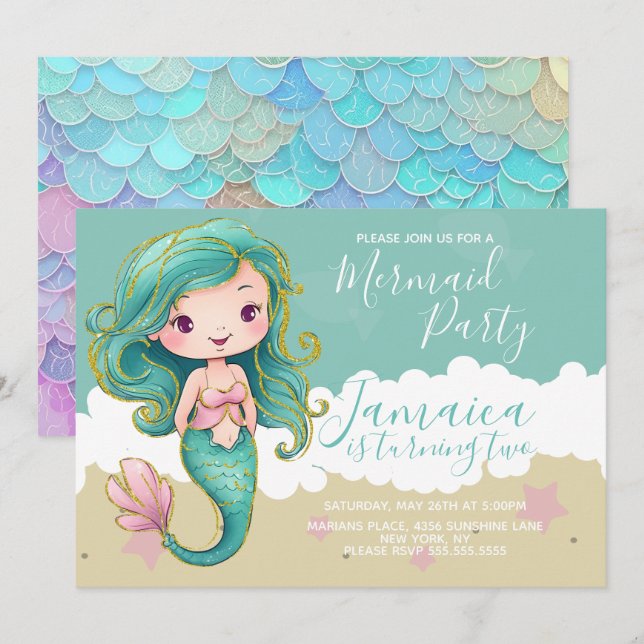 Invitación Fiesta de cumpleaños de sirena en la playa del océ (Anverso / Reverso)