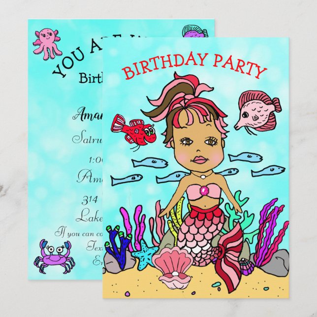 Invitación Fiesta de cumpleaños de sirena étnica bajo el mar (Anverso / Reverso)