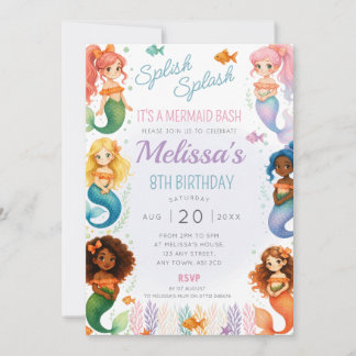 Invitación Fiesta de cumpleaños de sirena invita a splash bas