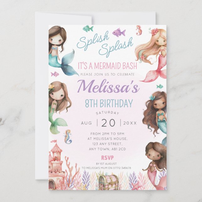 Invitación Fiesta de cumpleaños de sirena invita a splash bas (Anverso)