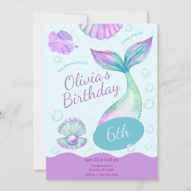 Invitación Fiesta de Cumpleaños de Sirena Mágica Bajo el Mar (Anverso)