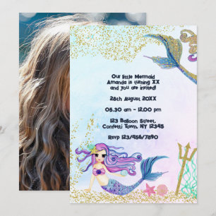 Invitación Fiesta de Cumpleaños de Sirena Mágica con Brillo F
